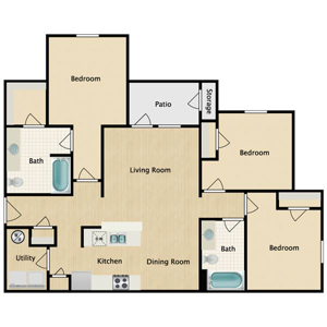 C1 - Three Bedroom / Two Bath - 1,165 Sq. Ft.*